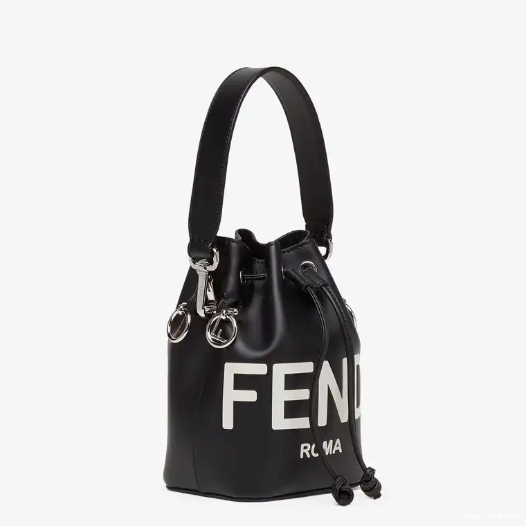 Vintage HOT Fendi Tresor Bag Bucket ROMA Logo Mon In Calf White Leather Mini Black 0625